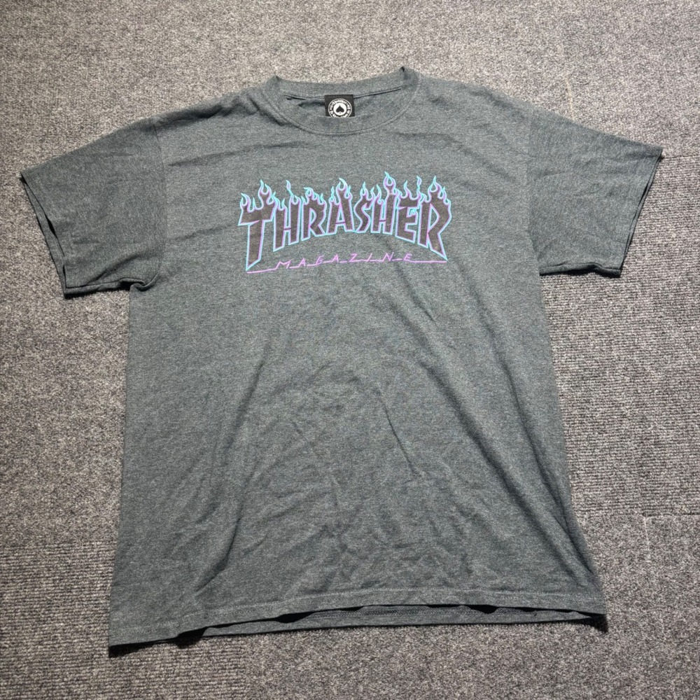 Thrasher Magazine Flame Logo T-Shirt Mens Large Grey Purple Blue Skate Tee